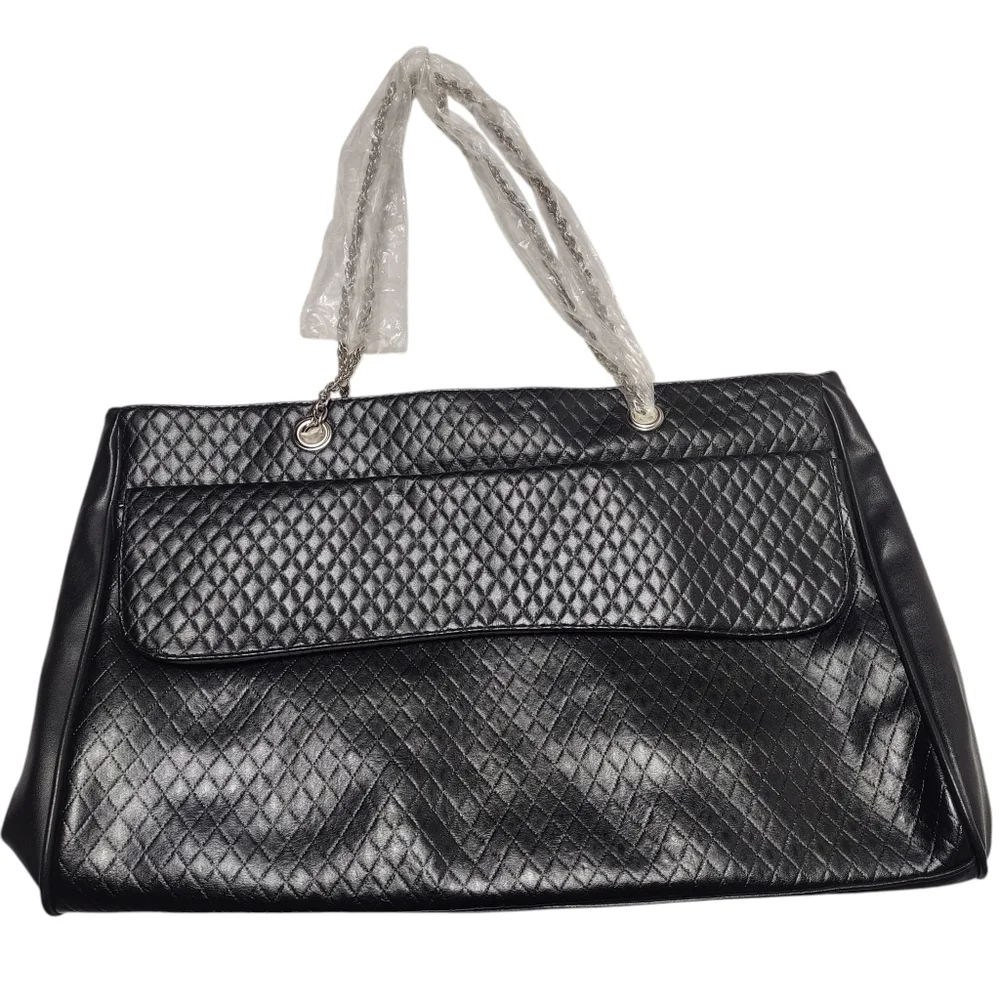 Lancôme Black Tote Bag Silver Chain Strap Shoulder Handbag Faux Leather New